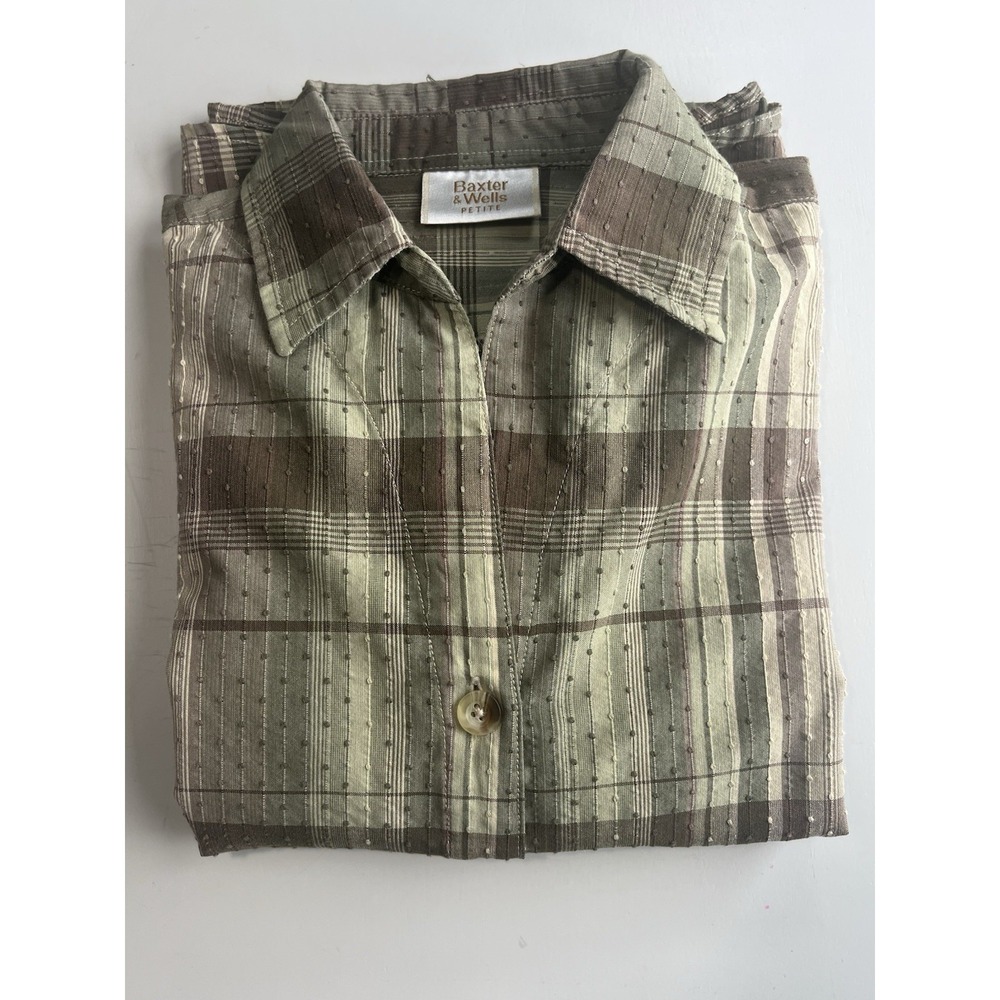 Baxter Wells Top Shirt Women's Sz Large Green Button Pockets Short Sleeve